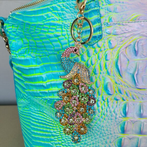 Colorful Peacock Crystal Rhinestone Gold Tone Metal Purse Charm and Key ring - Picture 4 of 9
